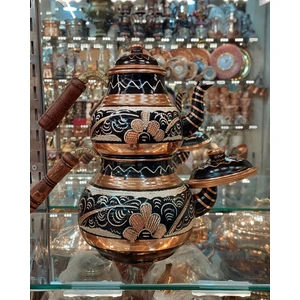 Bakır Center Bakır Çaydanlık El Işlemeli Siyah Renkli Demlik No:2 Çiçek Desenli Çaydanlik @ Bakır Demlik