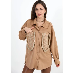 Butik Mine Gömlek Cebi Püsküllü Nakışlı Süet - Haki