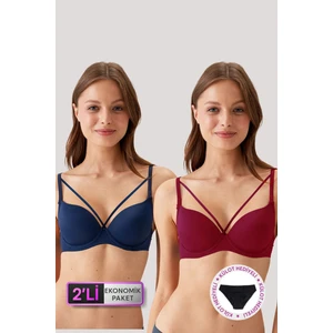 Pierre Cardin 2'li Ekonomik Paket 6511 Lacivert-Bordo Balenli Push Up Destekli Micro Sütyen (Slip Hediyeli)