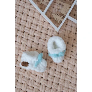 Bebek Yenidoğan Doğal Panduf 0-3M Mint Fiyonklu Beyaz Erkek El örgüsü Alize Puffy Patik OEKO TEX Sertifika