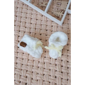 Yenidoğan Peluş Patik 0-3M Açık Sarı Fiyonklu Beyaz Unisex Alize Hamile Hediyesi Panduf OEKO TEX Sertifika