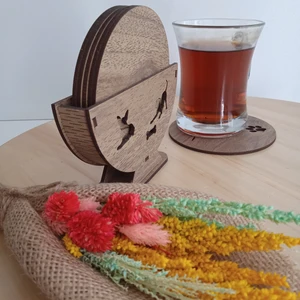 Ahşap Köpek Bardak Altlıkları - 6'lı Set ve Stand