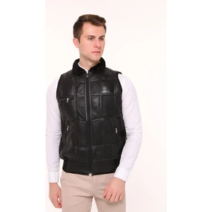 Tahiroğlu Deri 1987 Erkek Siyah Içi Kürk Detaylı  Deri Trikolu Yelek