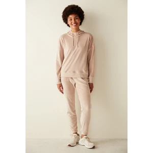 Bej Kapüşonlu Yumuşak Dokulu Kadife Sweatshirt
