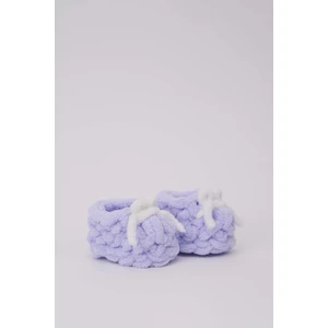 Yenidoğan Peluş Yumuşak Panduf 0-3M Beyaz Fiyonklu Lila Unisex Baby Shower Hediyesi OEKO TEX Sertifika