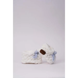 Yenidoğan Bebeğe Hediye Patik 0-3M Gri Mavi Fiyonklu Beyaz Erkek Alize Puffy El Yapımı İp Organik Sertifika