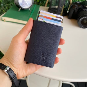 Papola - Hakiki Deri RFID Korumalı Otomatik Mekanizmalı Erkek Kartlık & Cüzdan (Lacivert)