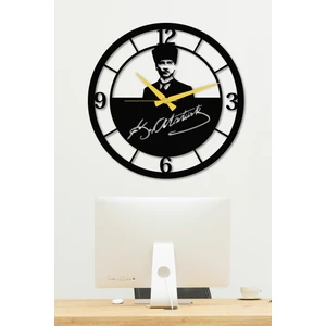 Gowpenart Dizayn Gowpenart Atatürk Portreli Imzalı Siyah Metal Duvar Saati - Ev & Ofis Saati - Hediye Saat 50 x 50 cm