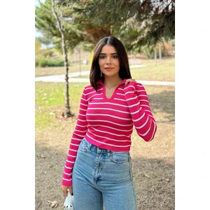New Laviva Kadın Fuşya Polo Yaka, Uzun Kol, Vucüda Oturan Kalıp, Esnek Kumaş, Çizglili Desen, Triko Bluz