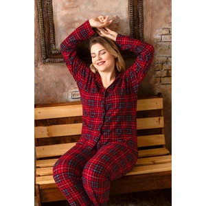 Büyük Beden Kışlık Düğmeli Ekose Desen Yılbaşı Temalı  Kadın Süet Pijama Takımı