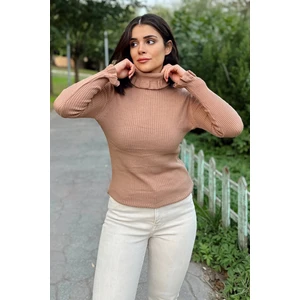 New Laviva Kadın Camel Fırfırlı Boğazlı Yaka, Uzun Kol, Vucüda Oturan Esnek Kumaş, Düz Desen, Triko Bluz