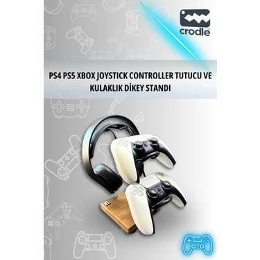 Crodle Ceviz Ahşap ve Siyah Metal Gaming Ps4 Ps5 Xbox Joystick Kontroller Tutucu ve Kulaklık Dikey