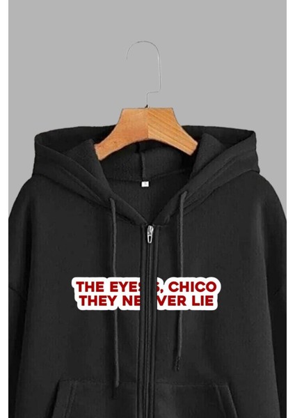 Unisex Siyah Kapüşonlu Sweatshirt Ceket Eyes Never Lie Chico Baskılı