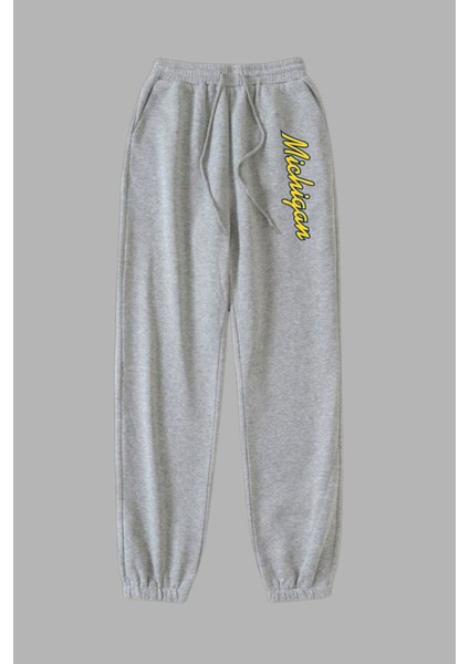 Unisex Gri Kışlık Eşofman Altı 2 Iplik Şardonlu Kumaş Michigan Baskılı
