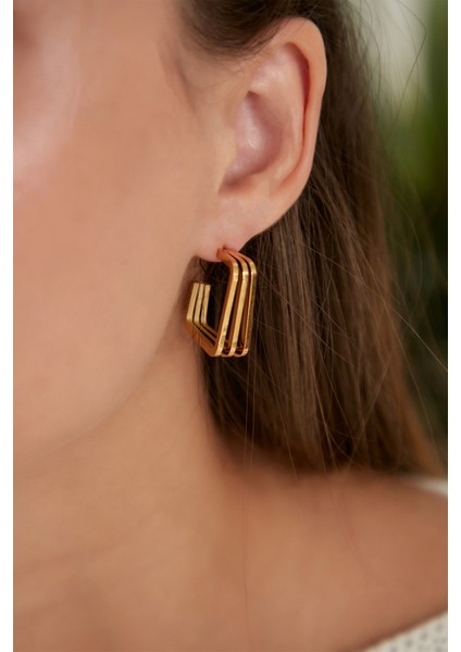 Kadın Luxo Model Çelik Altın Kaplama 3 Sıra Vintage Stil Tasarım Günlük Abiye Elbise Kombin Küpe