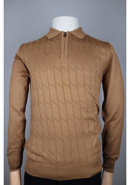 234101807 Nehir Fermuarlı Polo Triko Camel