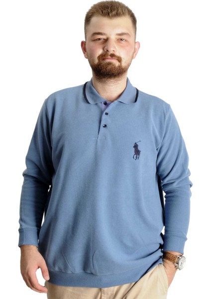 Büyük Beden Erkek Sweat Polo Selanik Horse 23442 Mavi