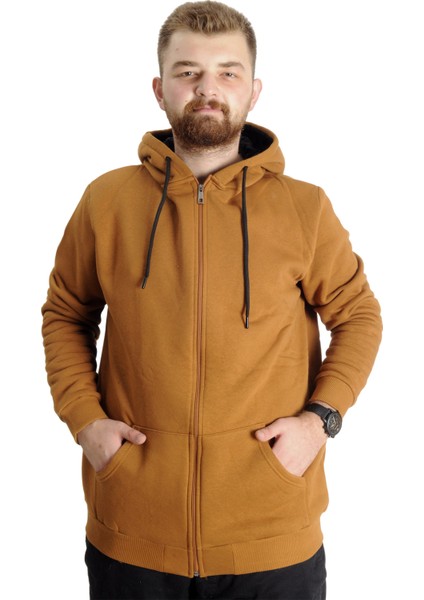 Mode Xl Büyük Beden Erkek Sweat Kapşon Cep Zippered Basic 20543 Camel