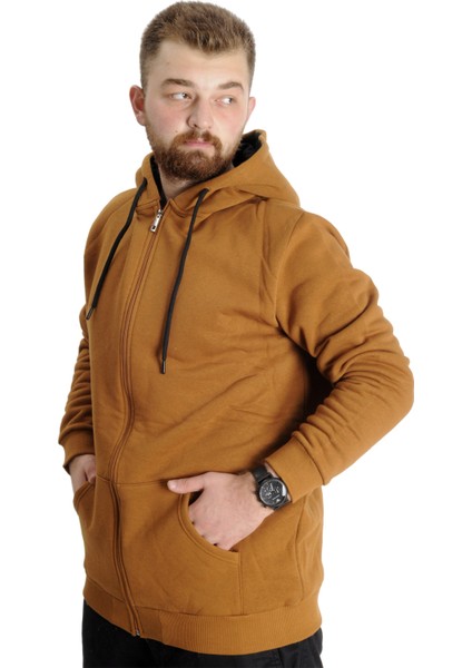 Mode Xl Büyük Beden Erkek Sweat Kapşon Cep Zippered Basic 20543 Camel