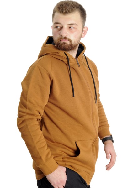 Mode Xl Büyük Beden Erkek Sweat Kapşon Cep Zippered Basic 20543 Camel