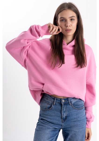 Unisex Oversize Pembe Kapşonlu Sweatshirt