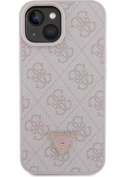 iPhone 15 Uyumlu Kılıf Guess Orjinal Lisanslı Pu Deri Taşlı Üçgen Logo 4g Desenli Strass Kapak Pembe