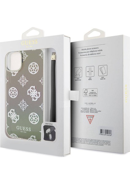 iPhone 15 Plus Kılıf Guess Orjinal Lisanslı Yazı Logolu Askı Ipli Holografik Glitter Peony Siyah