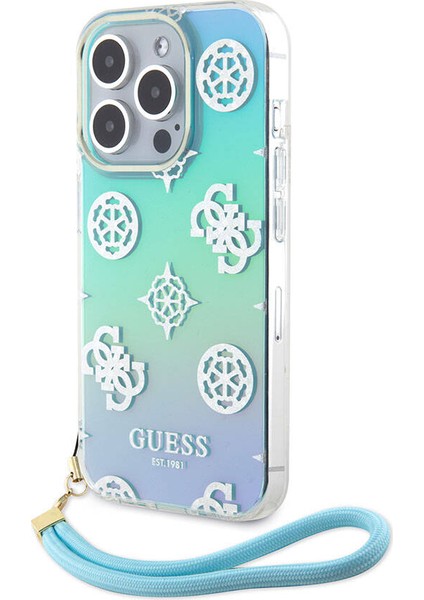iPhone 15 Pro Kılıf Guess Orjinal Lisanslı Yazı Logolu Askı Ipli Holografik Glitter Peony Turkuaz