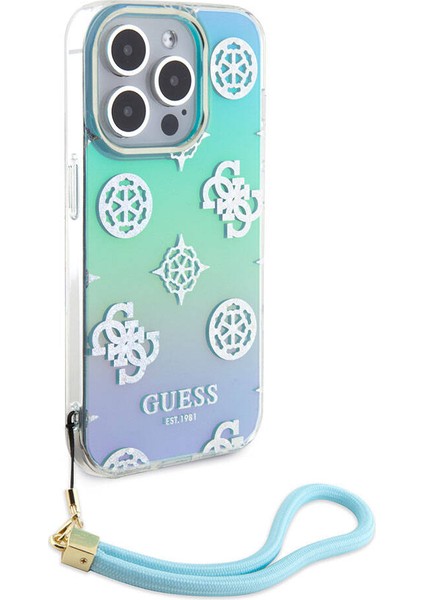 iPhone 15 Pro Kılıf Guess Orjinal Lisanslı Yazı Logolu Askı Ipli Holografik Glitter Peony Turkuaz