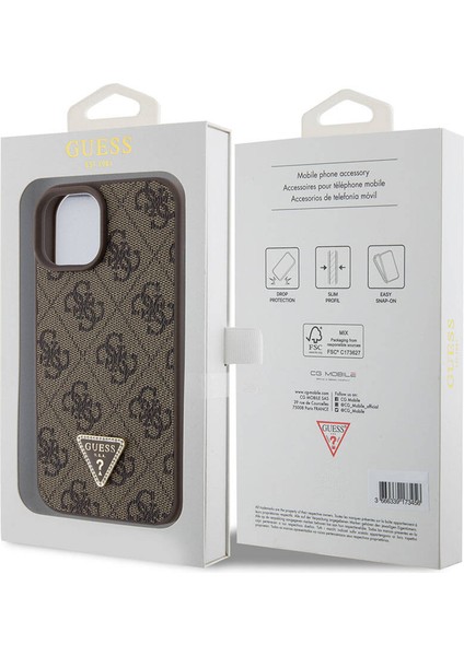 iPhone 15 Uyumlu Kılıf Guess Orjinal Lisanslı Pu Deri Taşlı Üçgen Logo 4g Desenli Strass Kahverengi indirimleri