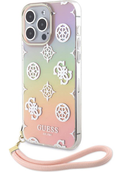 iPhone 15 Pro Kılıf Guess Orjinal Lisanslı Yazı Logolu Askı Ipli Holografik Glitter Peony Pembe