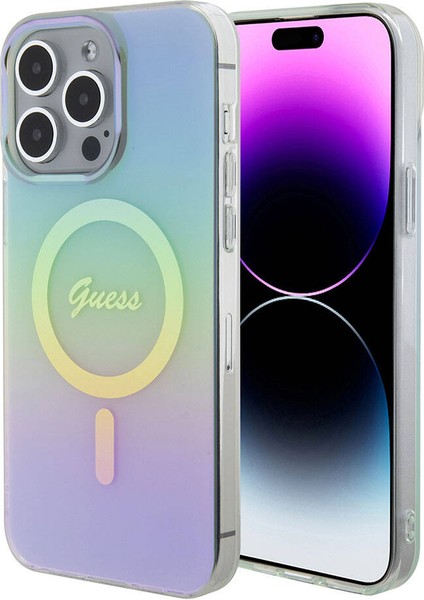 iPhone 15 Pro Uyumlu Kılıf Guess Orjinal Lisanslı Magsafe Şarj Özellik Yazı Logo Iridescent Turkuaz