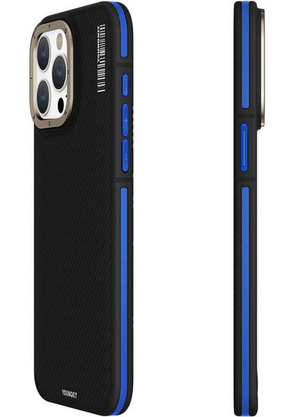 iPhone 15 Pro Max Uyumlu Kılıf Magsafe Şarj Özellikli Youngkit 600D Kevlar Kapak Mavi