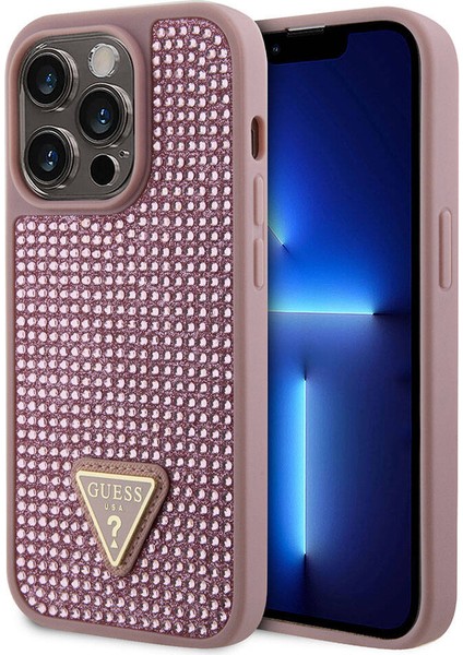 iPhone 15 Pro Uyumlu Kılıf Guess Orjinal Lisanslı Taşlı Arka Yüzey Üçgen Logolu Kapak Pembe