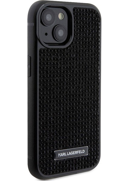 iPhone 15 Plus Uyumlu Kılıf Taşlı Metal Logo Orjinal Lisanslı Kapak Siyah
