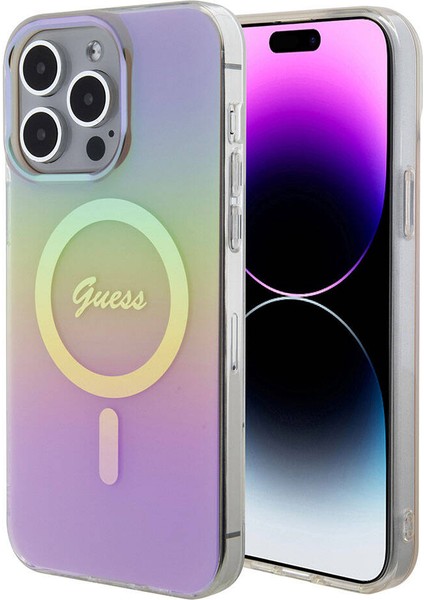 iPhone 15 Pro Uyumlu Kılıf Guess Orjinal Lisanslı Magsafe Şarj Özellik Yazı Logolu Iridescent Pembe