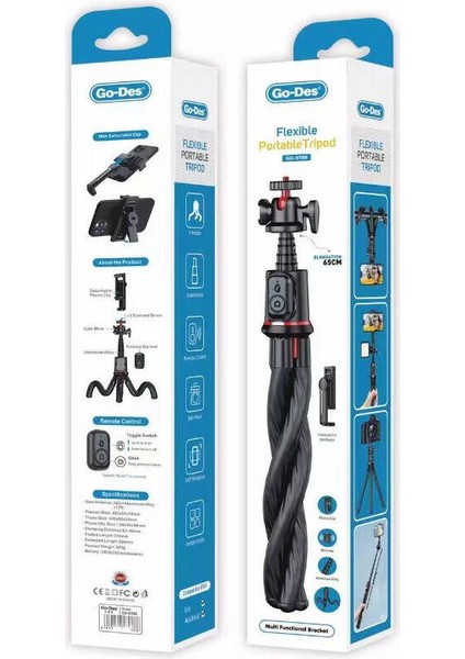 Ahtapot Tripod Go Des GD-ST86 Çok Fonksiyonlu Teleskopik Esneyebilen Uzaktan Kumanda Aparatlı