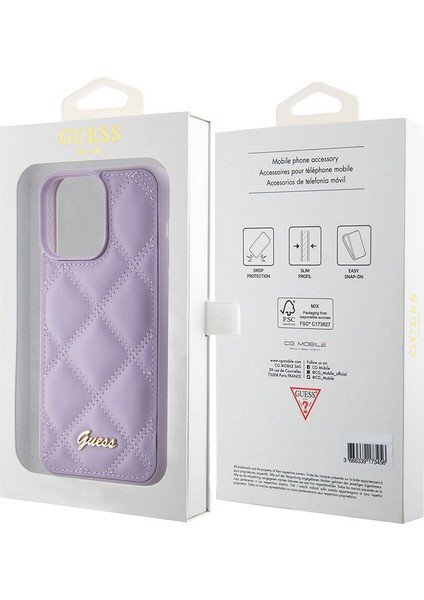 iPhone 15 Pro Max Uyumlu Kılıf Guess Orjinal Lisanslı Pu Deri Metal Yazı Logolu Kapitone Açık Mor
