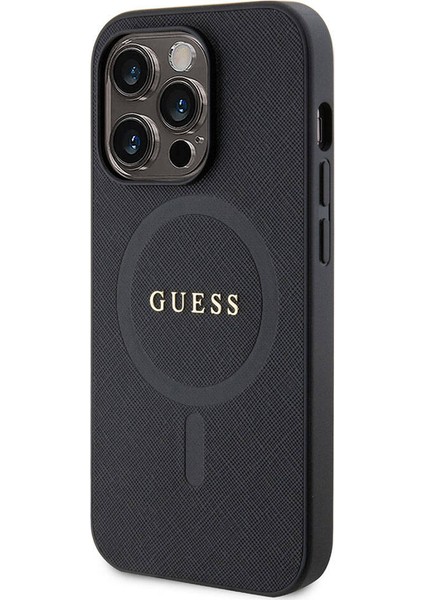 iPhone 15 Pro Uyumlu Kılıf Guess Orjinal Lisanslı Magsafe Şarj Özellikli Yazı Logolu Saffiano Siyah