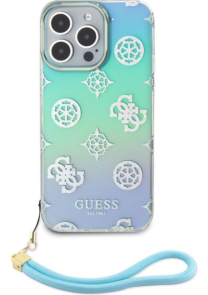 iPhone 15 Pro Max Kılıf Guess Orjinal Lisans Yazı Logolu Askı Ipli Holografik Glitter Peony Turkuaz