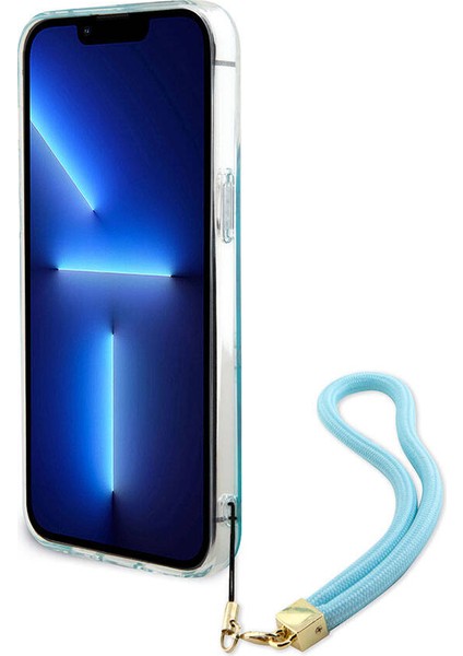 iPhone 15 Pro Max Kılıf Guess Orjinal Lisans Yazı Logolu Askı Ipli Holografik Glitter Peony Turkuaz