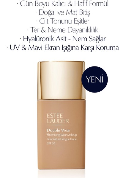 Double Wear Sheer Işıltı ve Nem Etkili Hafif Dokulu Fondöten SPF20 - 30ml Renk:3W1 Tawny