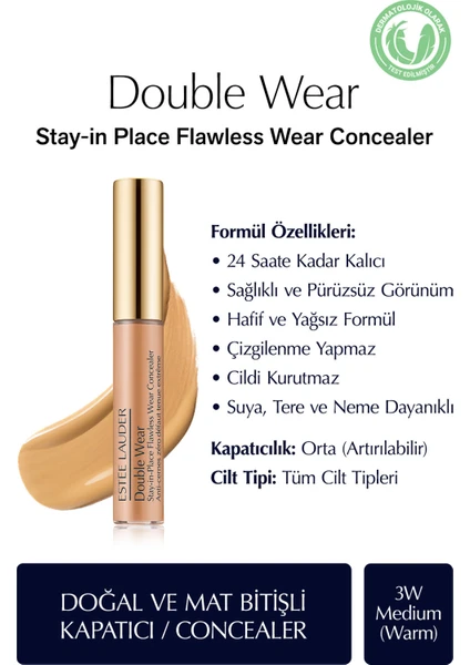 Estee Lauder Kapatıcı - Double Wear Stay-in-Place Flawless Wear Concealer - Renk: 3W Medium (Warm) 7ml