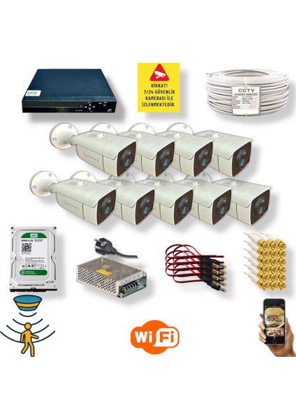 9 Kamerali Set - Hareket Algilayan Gece Görüşlü 24 Smd LED 5mp Sony Lensli 1080P Full Hd Metal Kasa Güvenlik Kamerasi Seti 6224