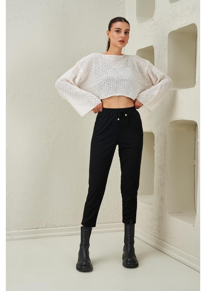 Tena Moda Kadın Ekru Sıfır Yaka Geniş Kollu Crop Kazak modelleri