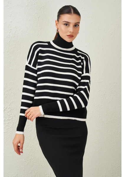 Kadın Siyah Balıkçı Yaka Çizgili Triko Kazak fiyatları