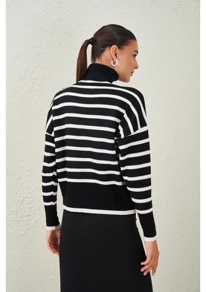 Kadın Siyah Balıkçı Yaka Çizgili Triko Kazak fırsatları
