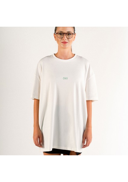 Oversize Basic Ekru Orta Göğüs Baskılı Unisex Tshirt