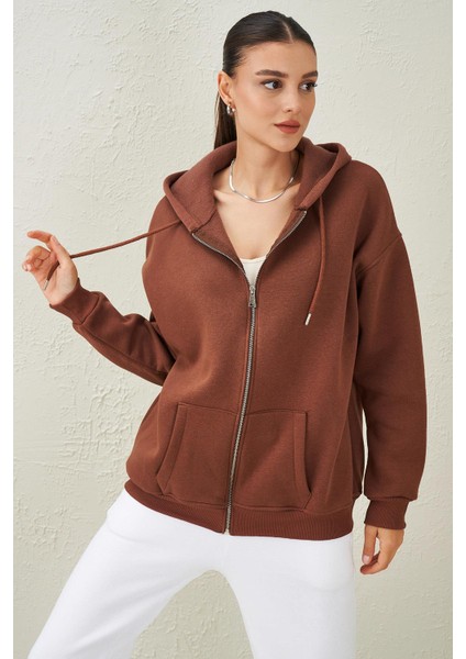 Kadın Kahve Kapüşonlu Oversize Fermuarlı Sweatshirt modelleri