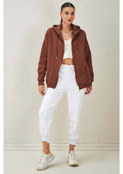 Kadın Kahve Kapüşonlu Oversize Fermuarlı Sweatshirt fırsatları